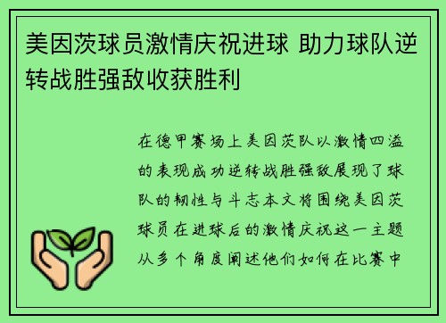美因茨球员激情庆祝进球 助力球队逆转战胜强敌收获胜利