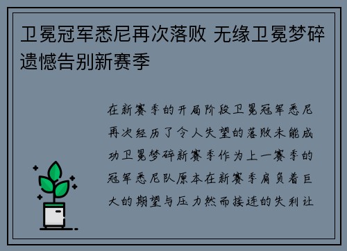 卫冕冠军悉尼再次落败 无缘卫冕梦碎遗憾告别新赛季