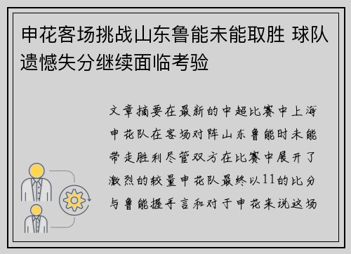 申花客场挑战山东鲁能未能取胜 球队遗憾失分继续面临考验