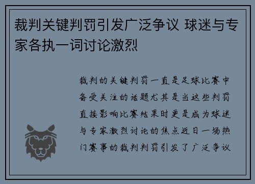 裁判关键判罚引发广泛争议 球迷与专家各执一词讨论激烈