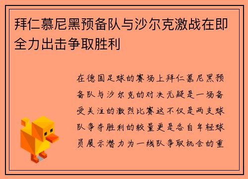 拜仁慕尼黑预备队与沙尔克激战在即全力出击争取胜利
