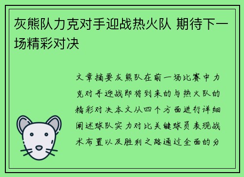 灰熊队力克对手迎战热火队 期待下一场精彩对决