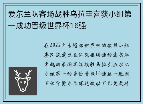 爱尔兰队客场战胜乌拉圭喜获小组第一成功晋级世界杯16强