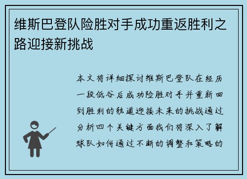 维斯巴登队险胜对手成功重返胜利之路迎接新挑战